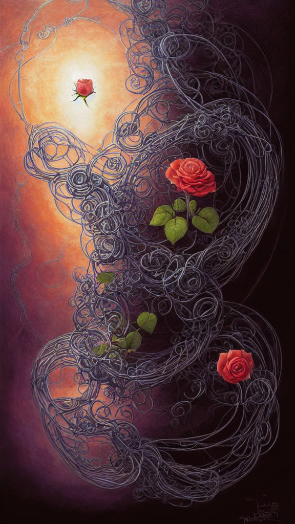 Abstract painting with swirling dark lines and realistic roses on warm background