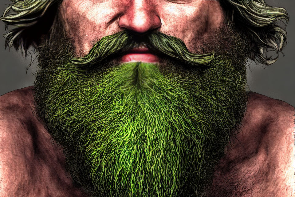 Person with Textured Green Beard and Styled Mustache on Gray Background