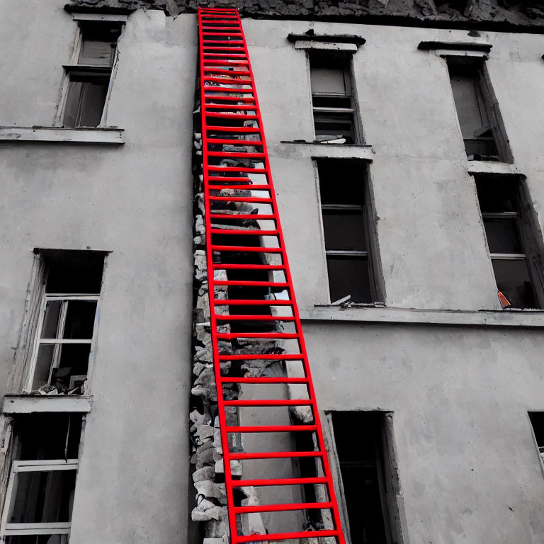 Red ladder connecting rocks to window on grayscale derelict building facade