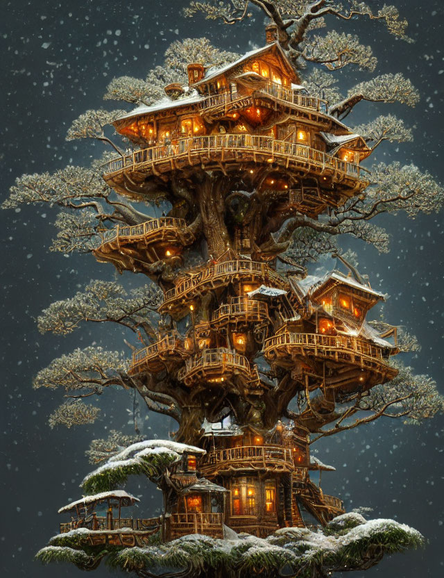 Multi-level treehouse in snowy night scene, intricately designed and warmly lit.