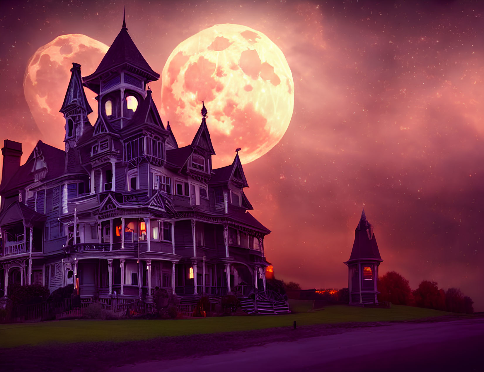 Victorian-style haunted house under full moon on purple night sky