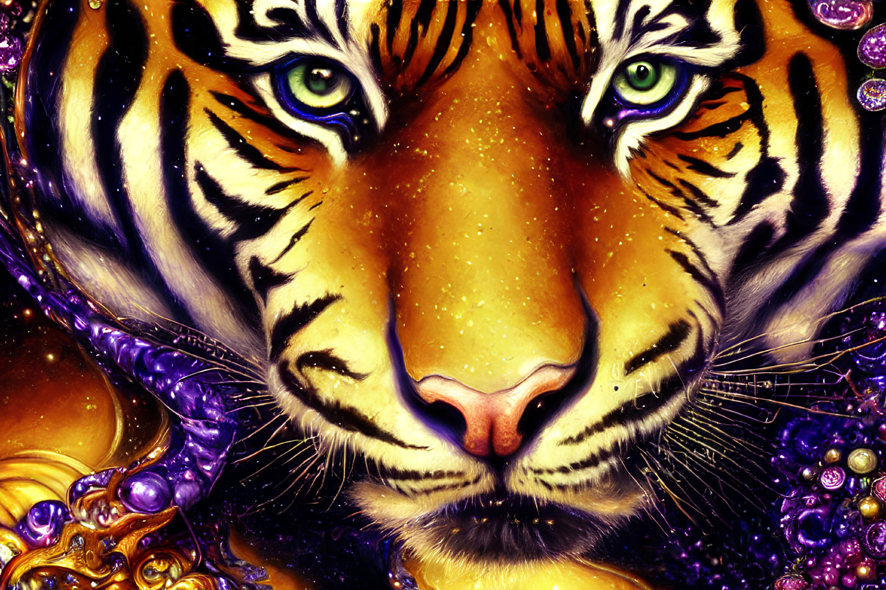 Detailed illustration of a tiger's face with green eyes and ornate jewels in purple and gold.