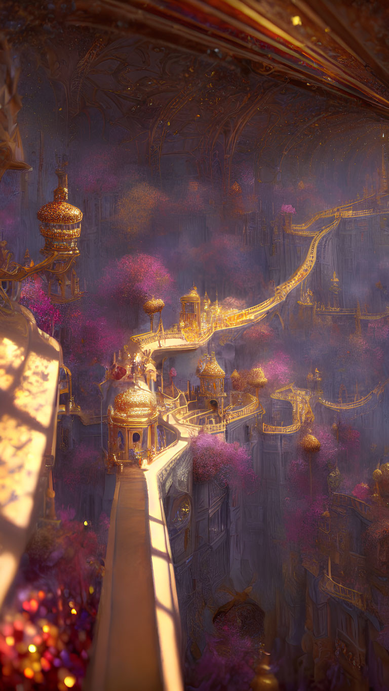 Golden fantasy cityscape with intricate architecture and purple trees