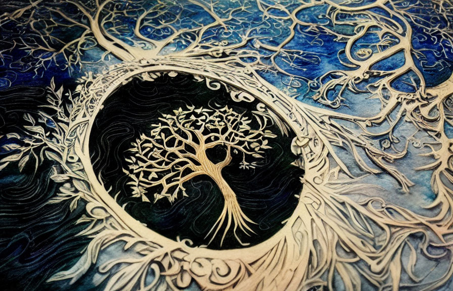 Detailed Stylized Tree Artwork in Circle with Swirling Branches on Blue Background