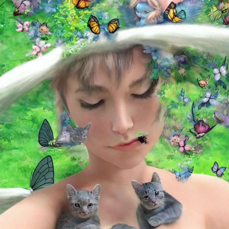 Person in Wide-Brimmed Hat with Flowers, Surrounded by Kittens and Butterflies