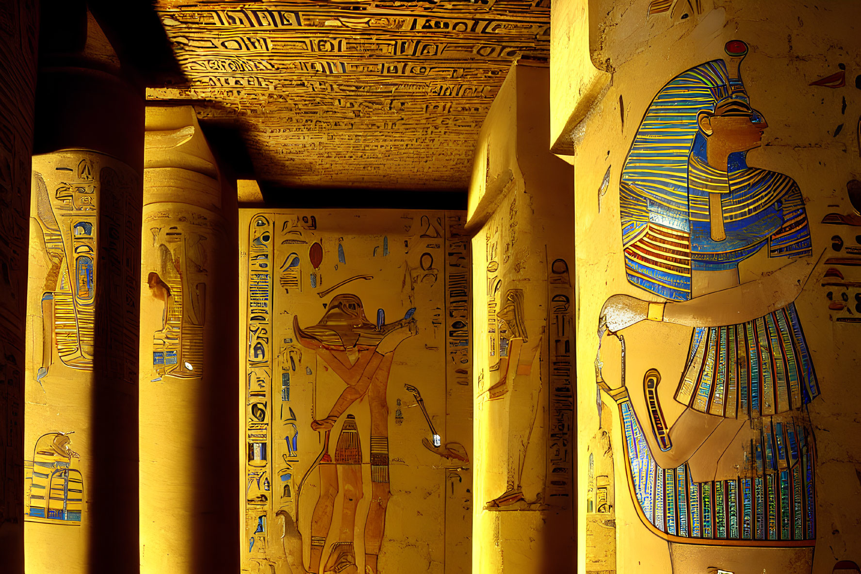 Ancient Egyptian Temple with Hieroglyph-Covered Walls and Pharaoh Depiction