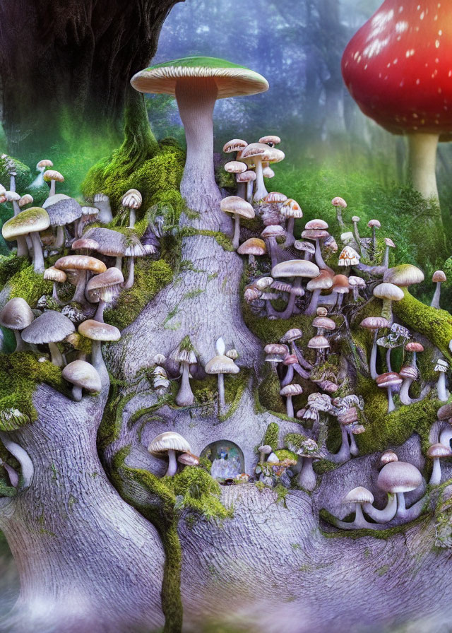 Enchanting forest scene with mushrooms on gnarled tree trunk