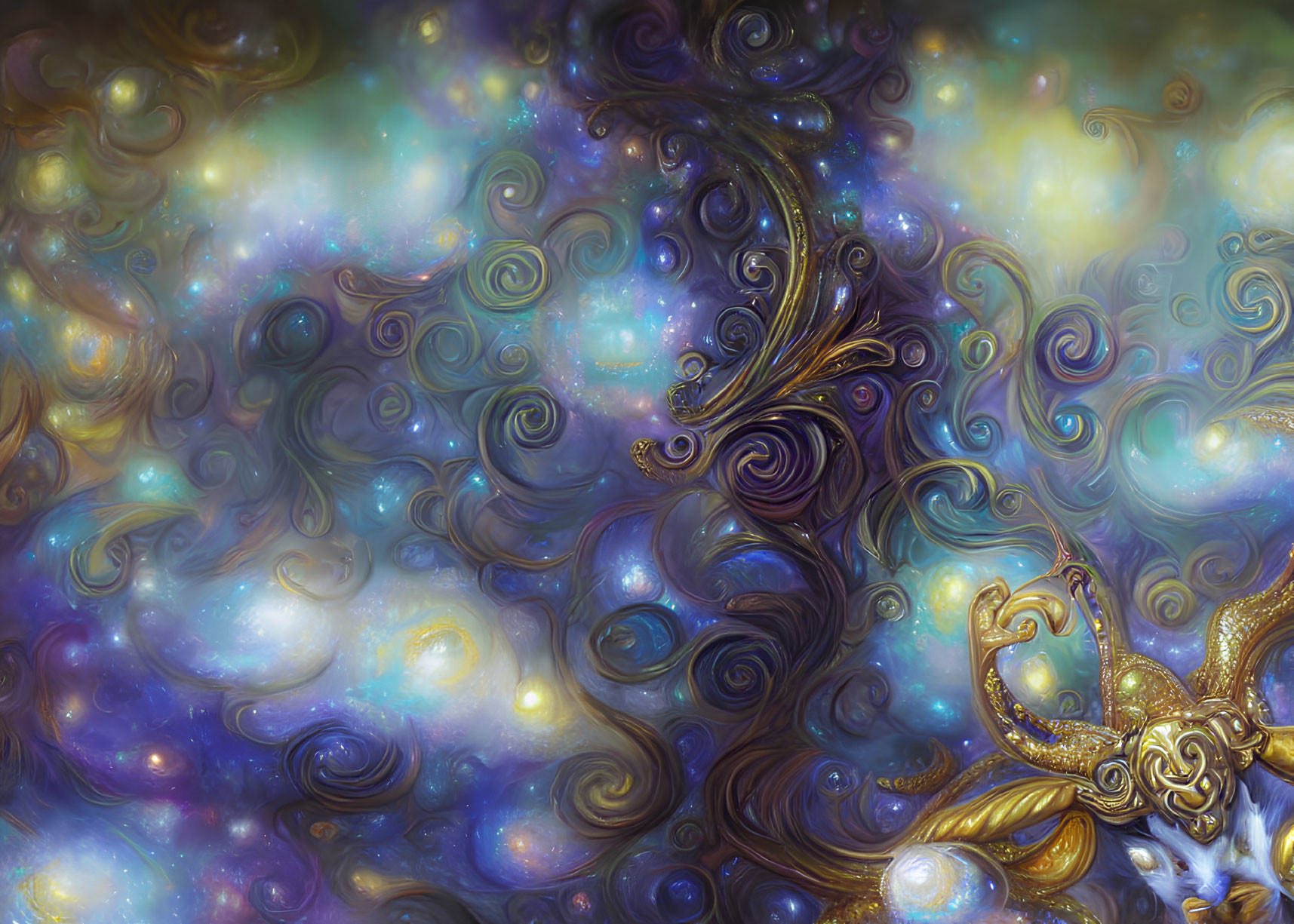 Cosmic digital artwork with blue, purple, and gold swirls and ornate celestial patterns