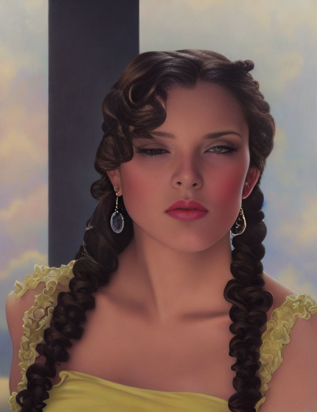 Portrait of woman with elegant braided hair, yellow dress, blue earrings, gazing sideways.