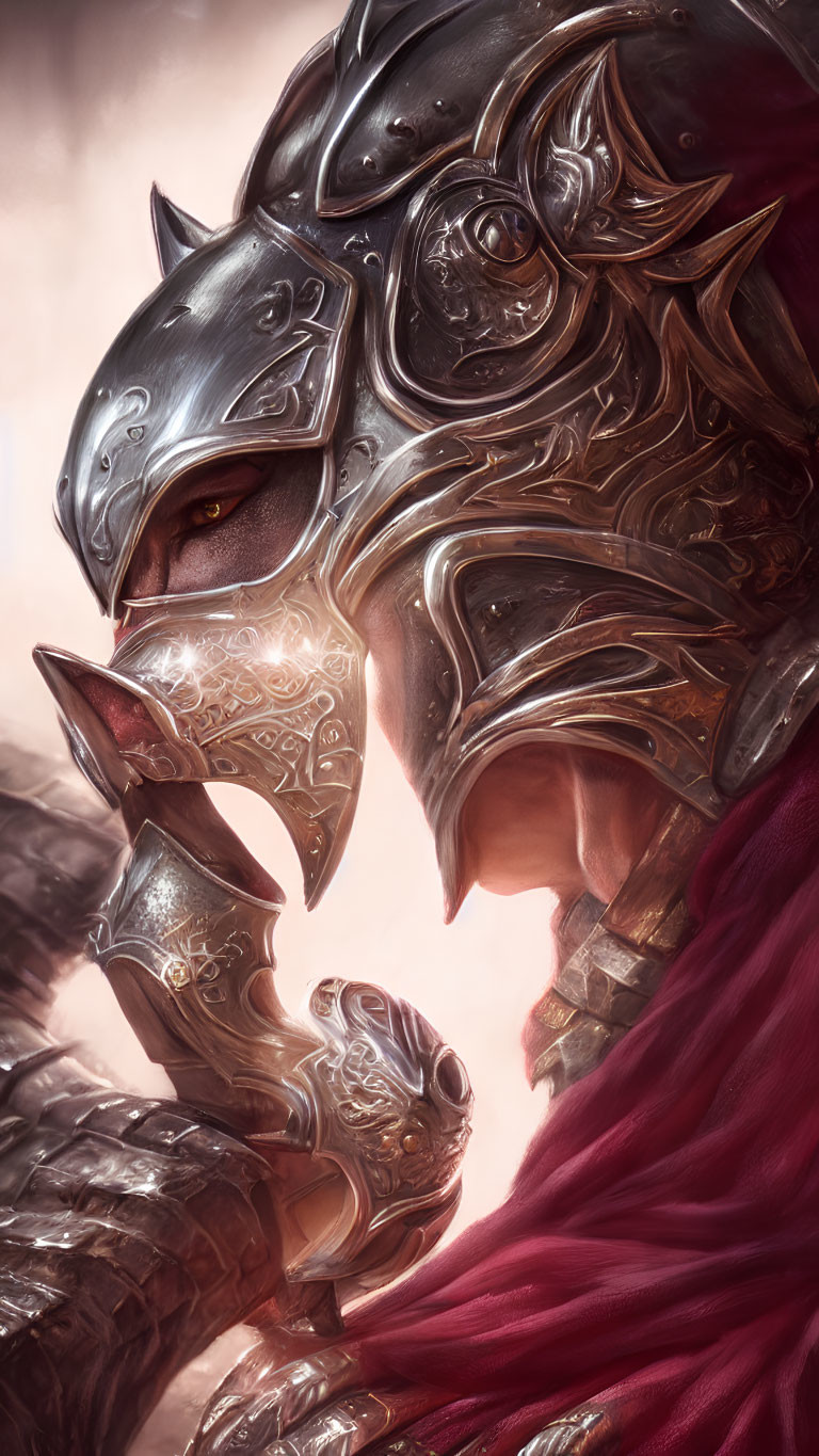 Silver-armored figure with wolf-like helmet and glowing eyes in contemplative pose, wearing crimson cloak