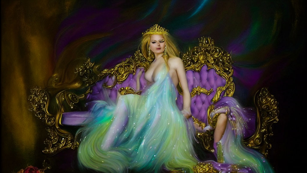 Regal queen on throne with crown, flowing dress, ethereal lights, vibrant backdrop