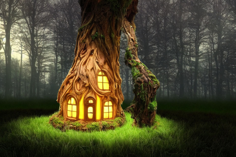 Glowing windows treehouse in misty forest surrounded by green floor