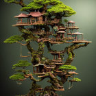 Elaborate treehouse in ancient tree with large moon backdrop