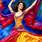 Vibrant digital artwork of a woman in cosmic colors with flowing hair and dress