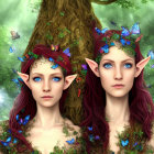 Elven characters with pointed ears in mystical forest with butterflies