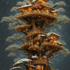 Snow-covered treehouse in intricate bonsai-like tree