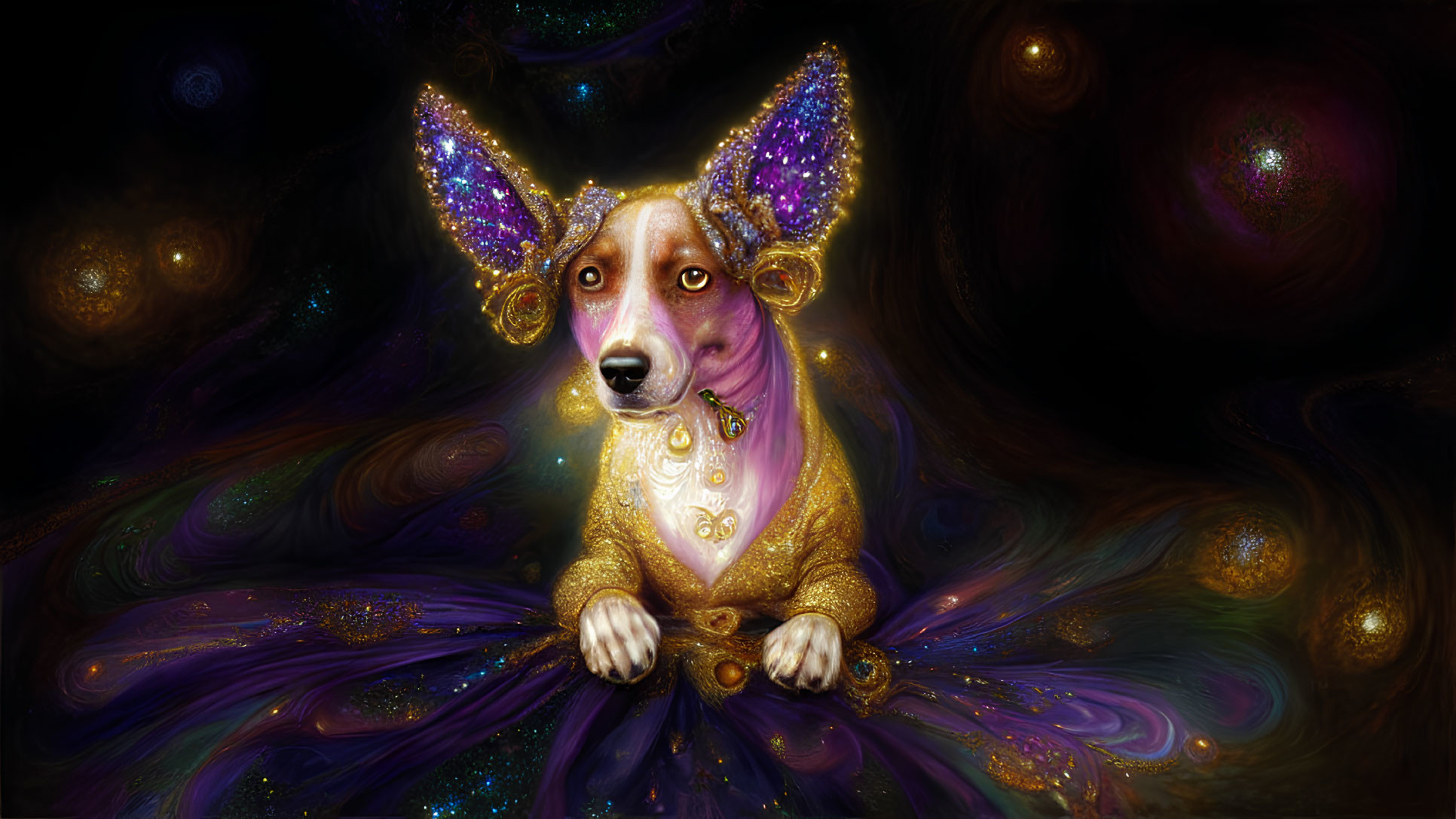 Mystical dog with violet ears and golden neckpiece in cosmic setting