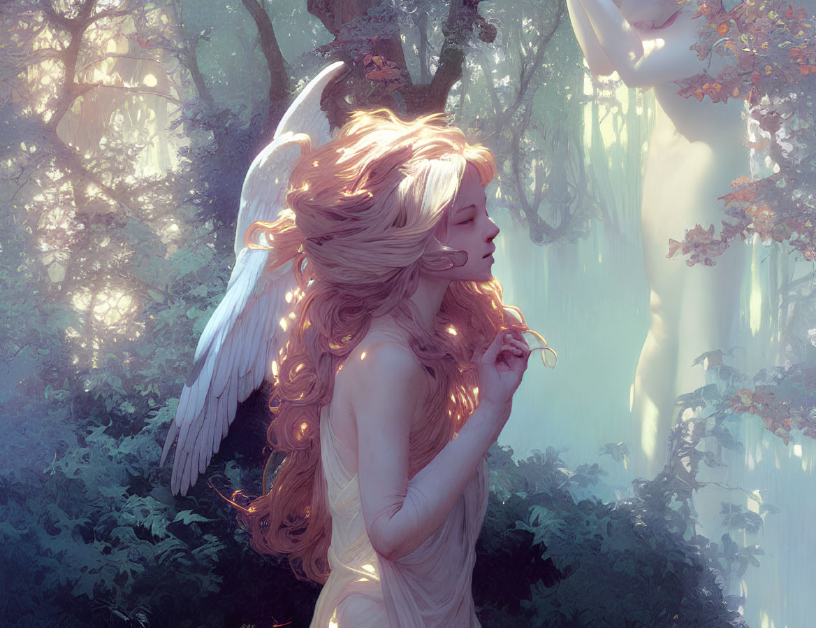 Ethereal figure with wings and antlers in sun-drenched forest