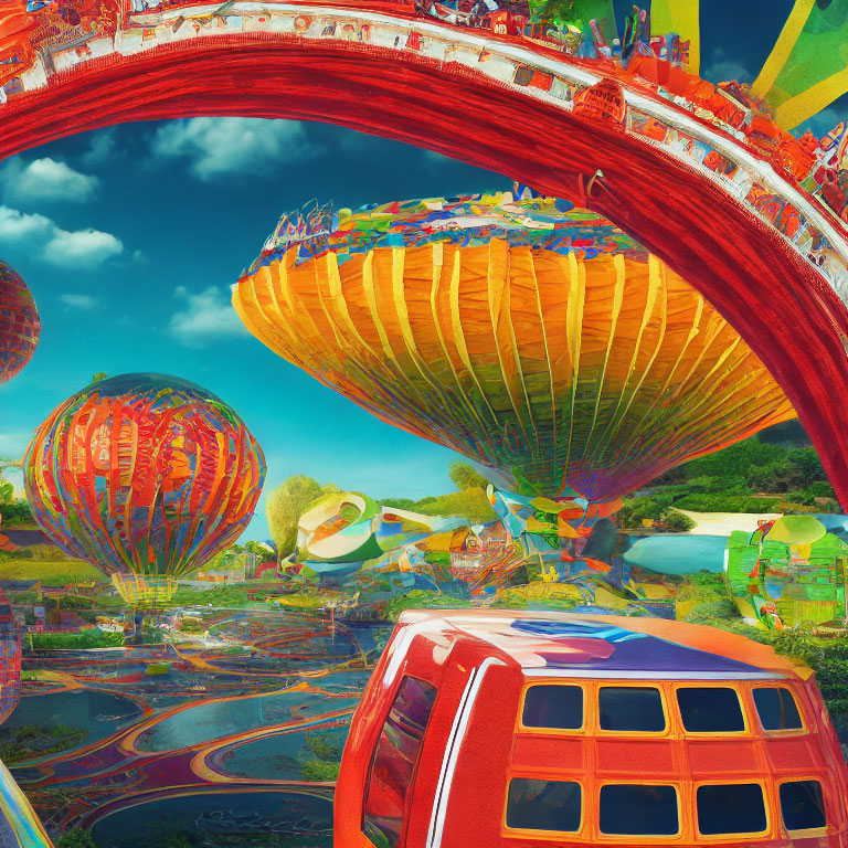 Colorful Landscape with Hot Air Balloons and Red Arch Bridge