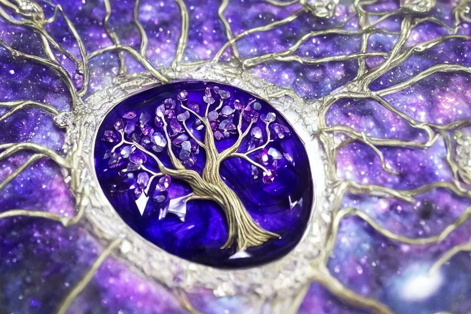 Intricate silver tree on cosmic purple and blue background