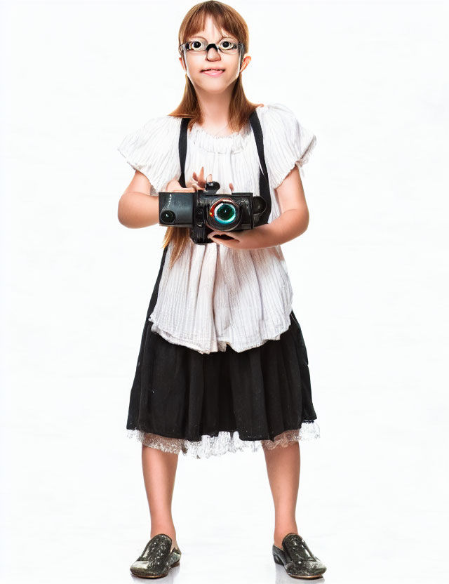 Young girl with glasses and pigtails holding a camera in white blouse and black skirt
