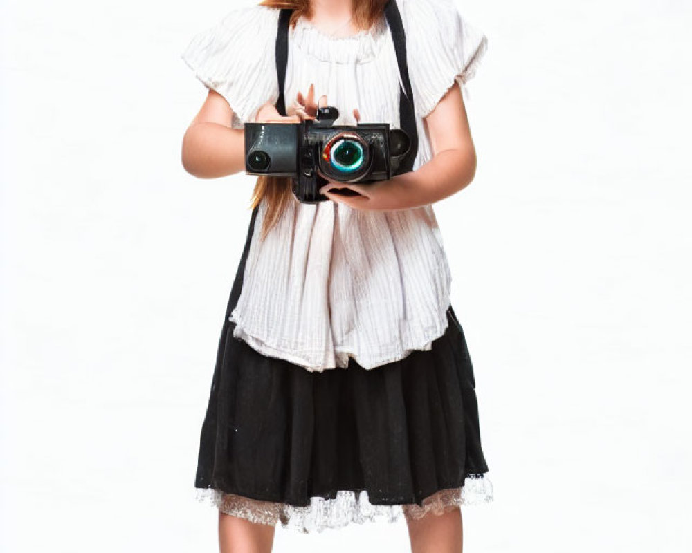Young girl with glasses and pigtails holding a camera in white blouse and black skirt
