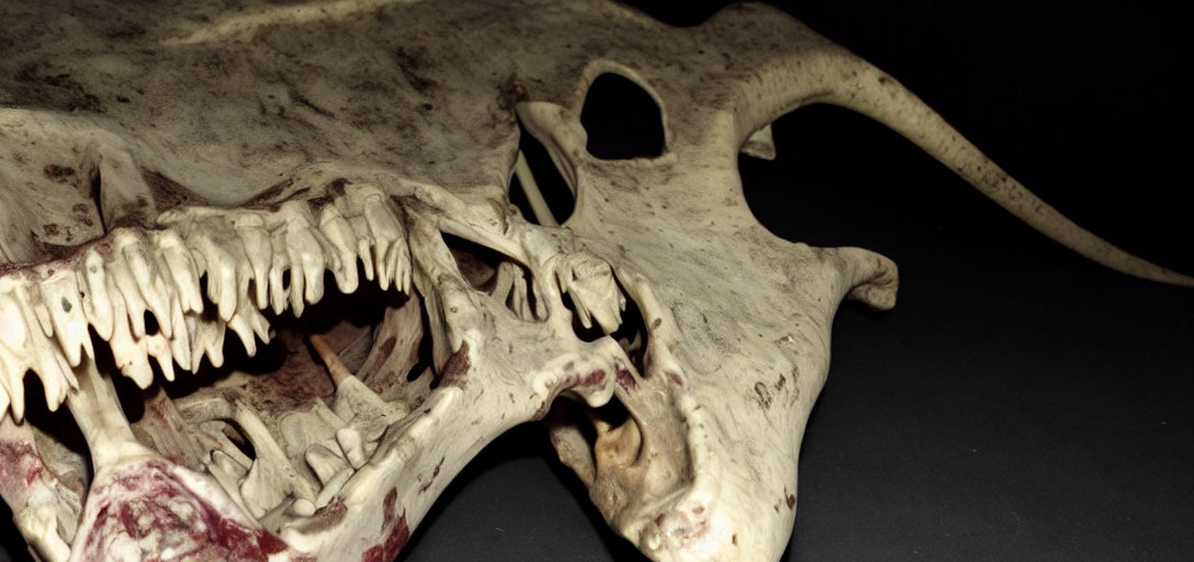 Weathered animal skull with prominent teeth and eye sockets on dark background