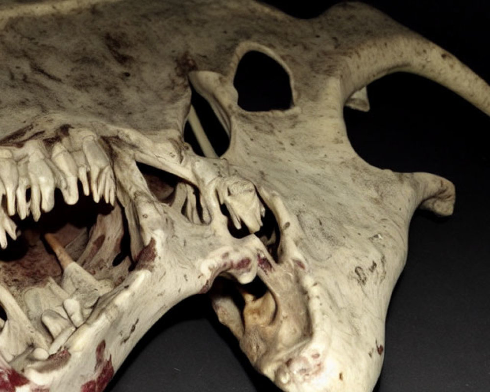 Weathered animal skull with prominent teeth and eye sockets on dark background