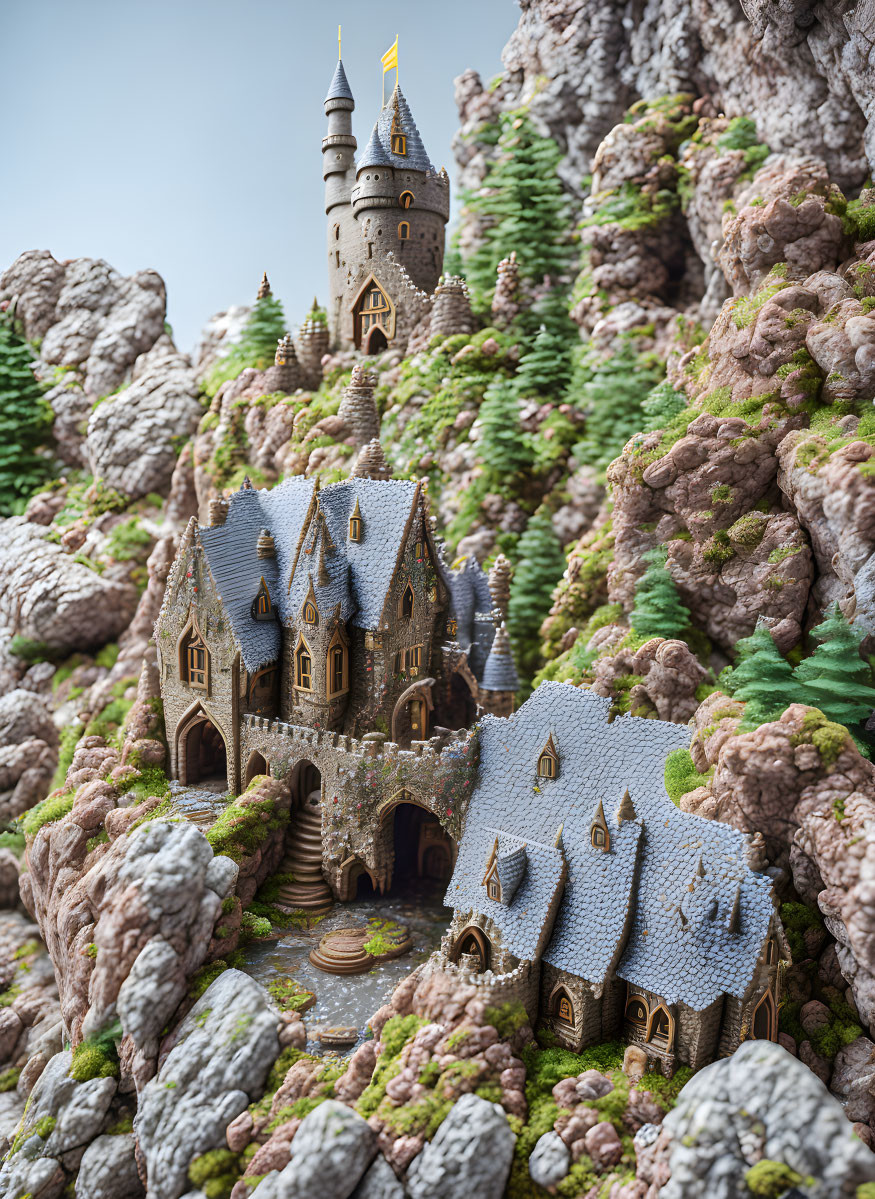 Mossy cliffs embrace intricate fairytale castle