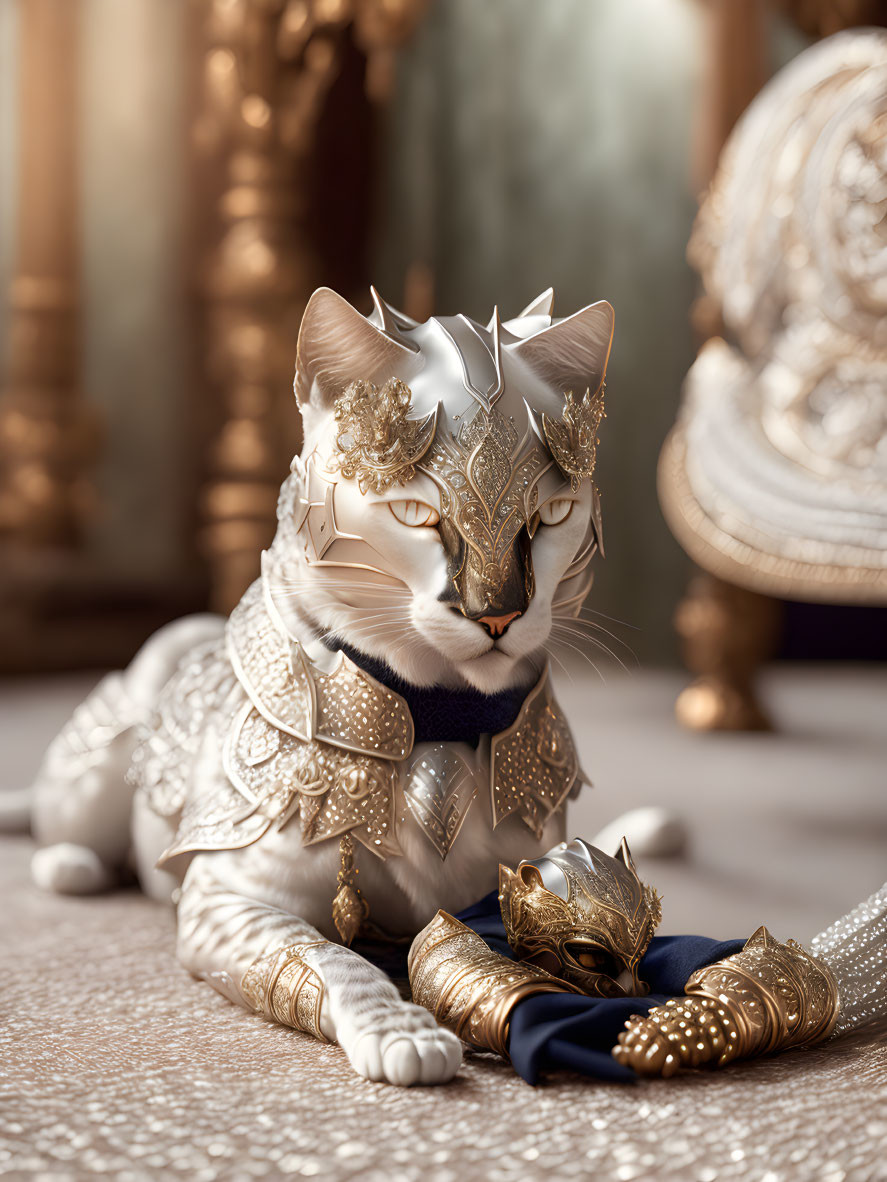 Regal Cat in Golden Armor Sitting Majestically