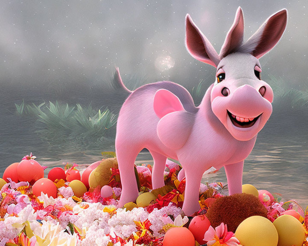 Pink animated donkey in vibrant flower and fruit setting with dreamy backdrop