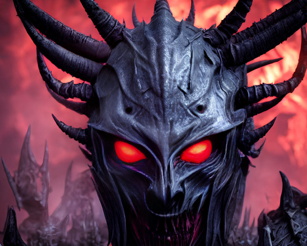 Sinister demon mask with glowing red eyes on fiery backdrop