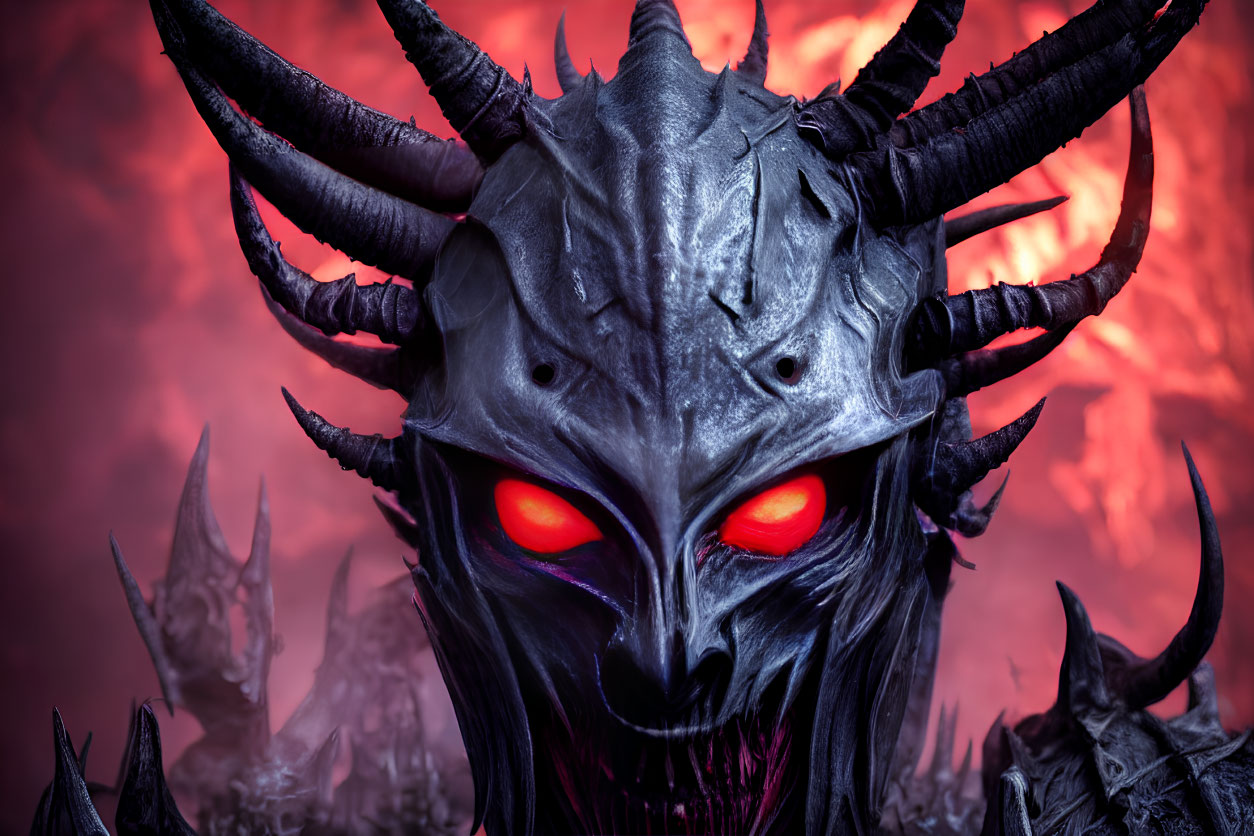 Sinister demon mask with glowing red eyes on fiery backdrop