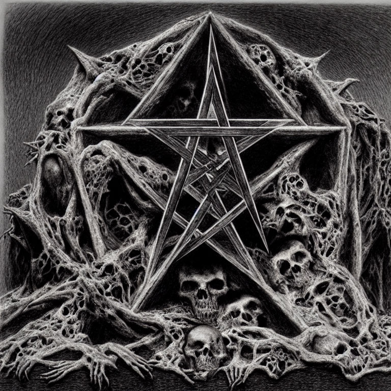 Detailed pencil drawing of pentagram with intricate lines and gothic elements