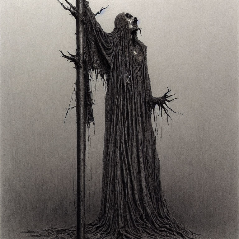 Eerie illustration of skeletal figure in flowing robes by barren tree