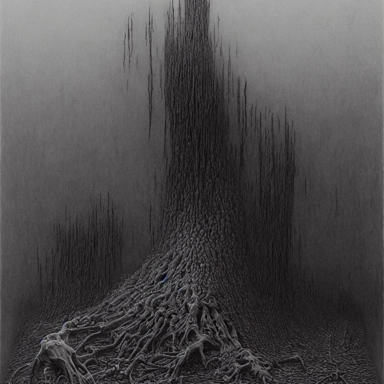 Monochromatic drawing of a tree with intricate roots and textured bark