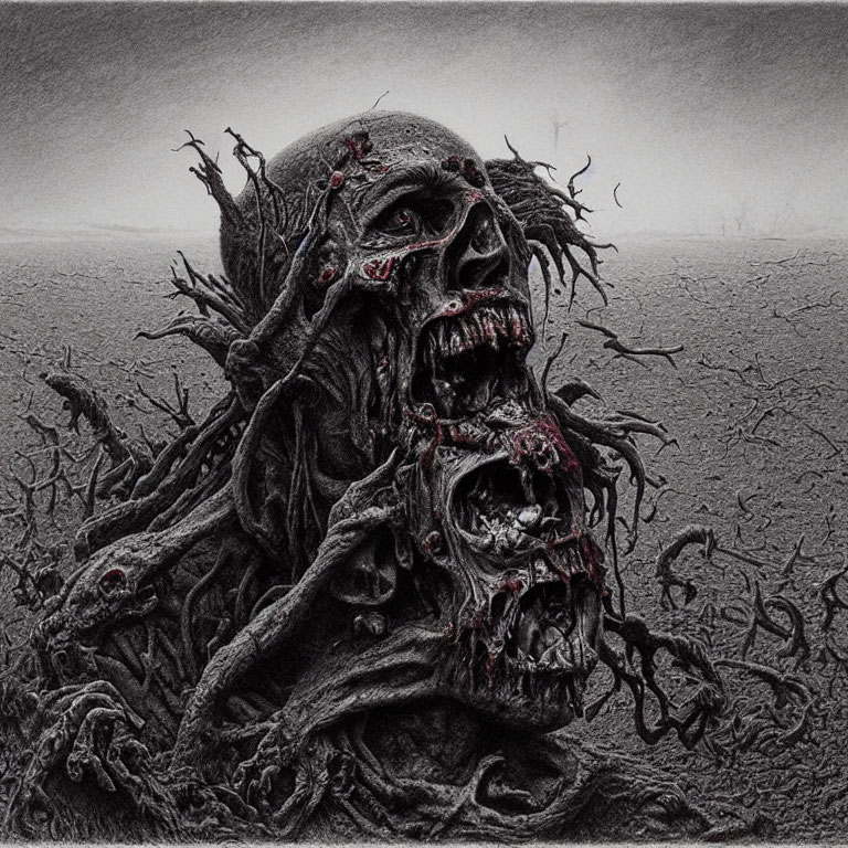 Dark horror illustration: grotesque pile of skulls with roots/tentacles on misty backdrop