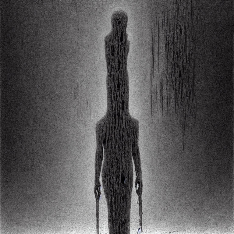 Elongated limbs and hollow eyes on dark humanoid figure