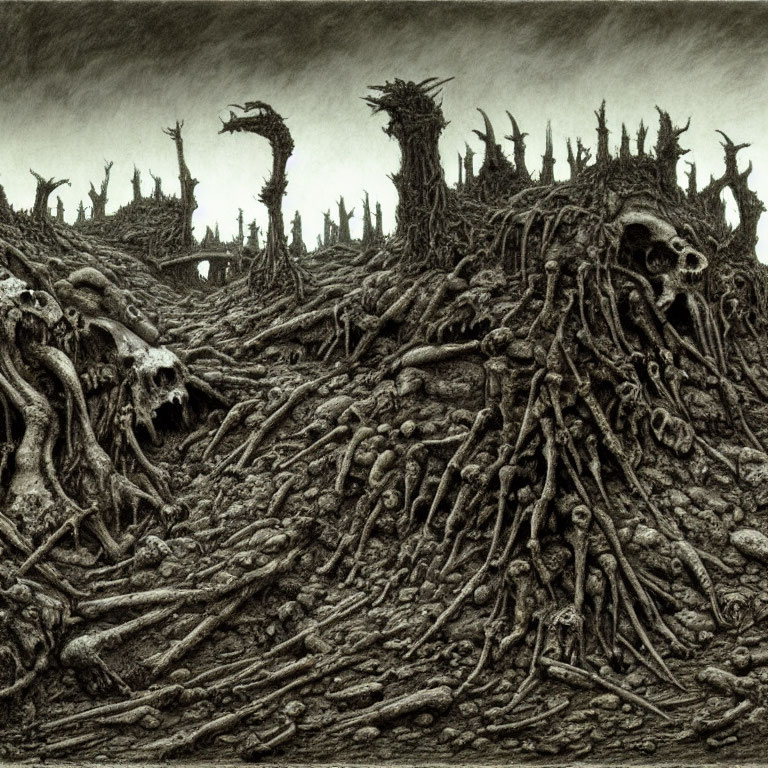 Eerie landscape with skeletal remains and twisted forms under ominous sky