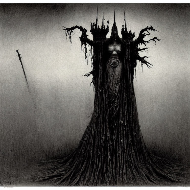 Monochrome illustration of a tree with castle-like spires in a dark, fantastical setting