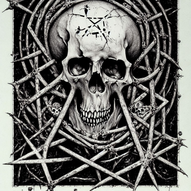 Monochrome skull illustration with geometric lines and smaller skulls in border