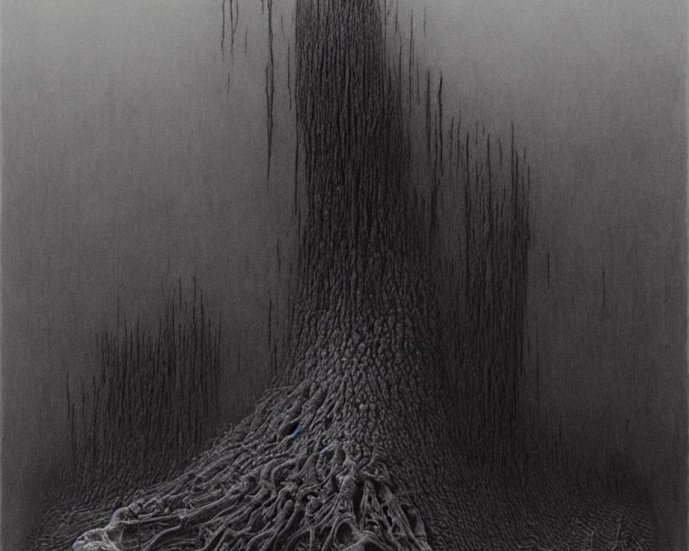 Monochromatic drawing of a tree with intricate roots and textured bark