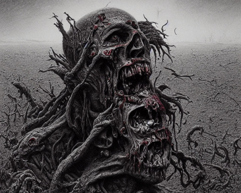 Dark horror illustration: grotesque pile of skulls with roots/tentacles on misty backdrop