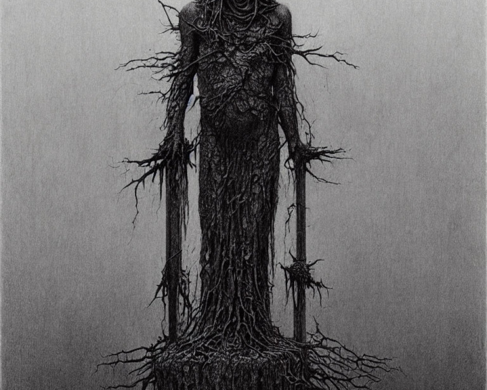 Monochromatic artwork of somber figure with entwining roots - haunting and surreal