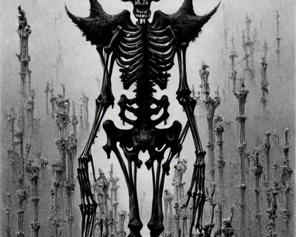 Monochrome illustration of skeletal figure with horns among slender towers