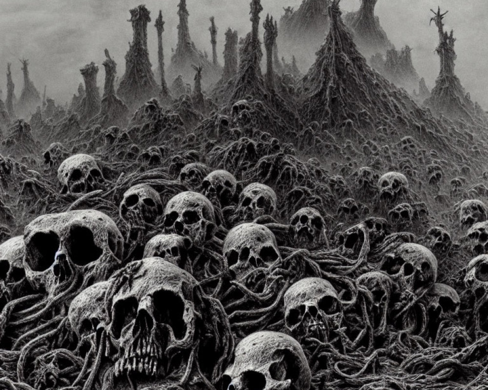 Monochrome artwork of skulls and bones in a dark landscape