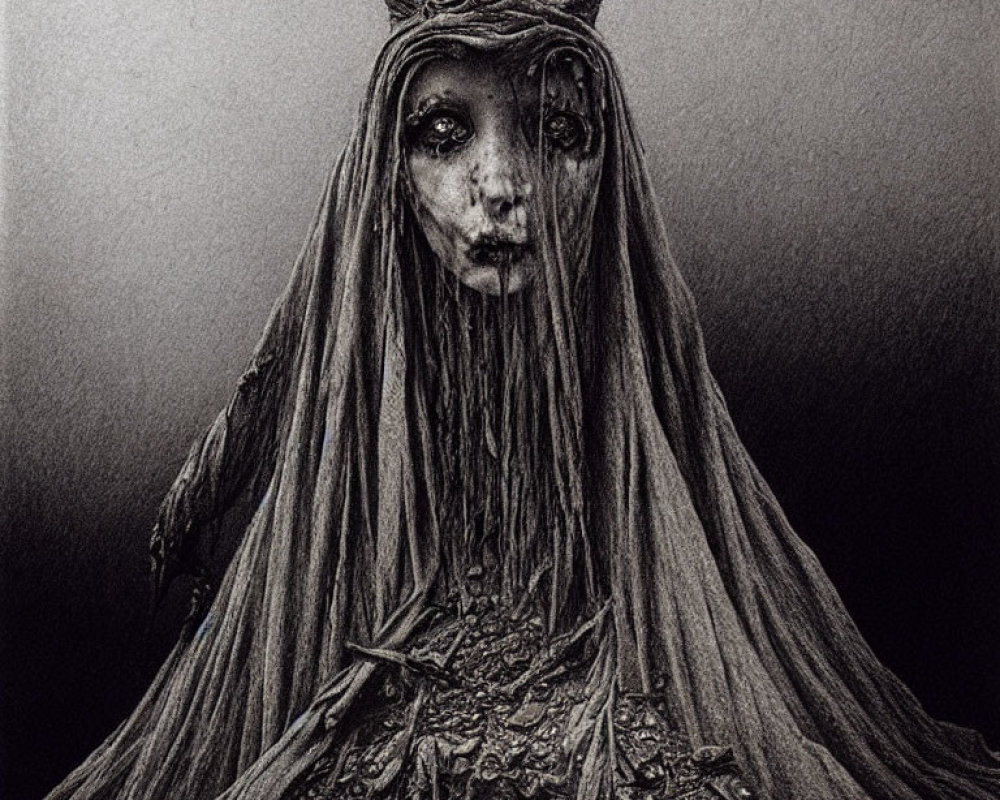 Monochrome illustration of ghostly figure in regal attire