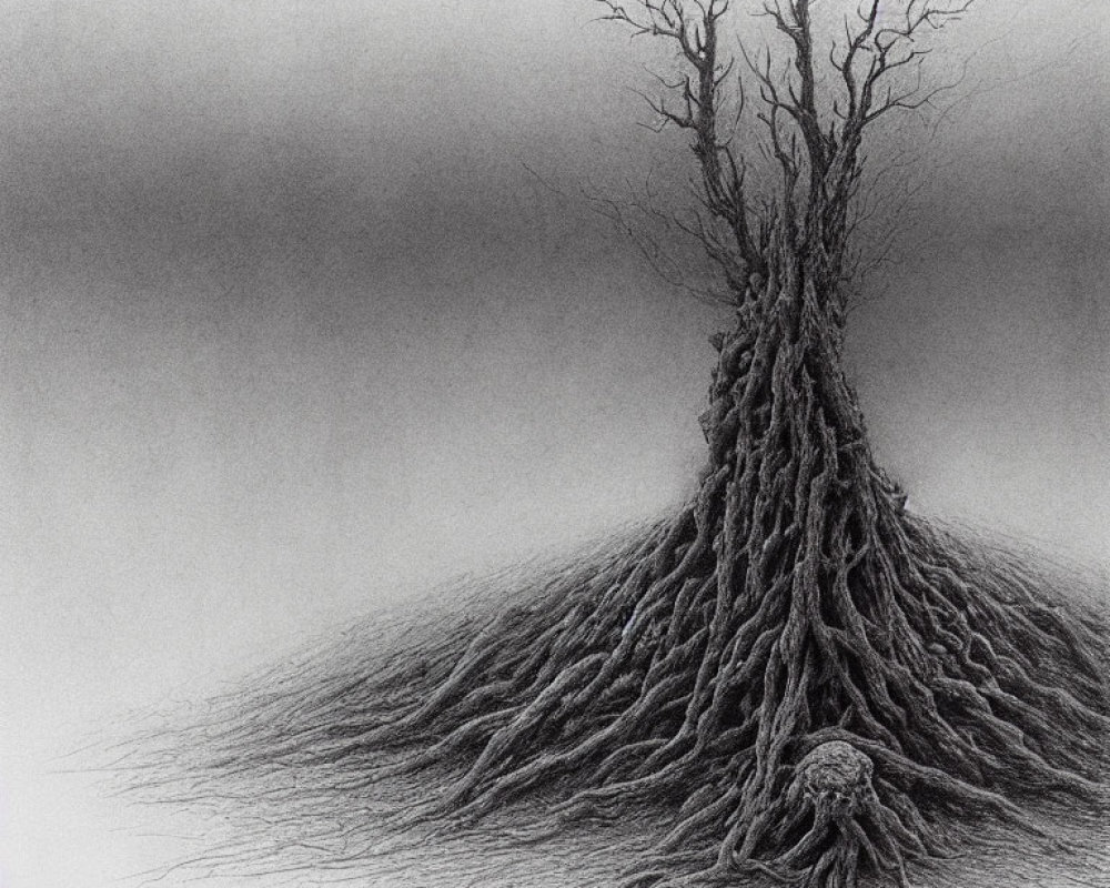 Detailed pencil sketch of barren tree with intricate roots on mound