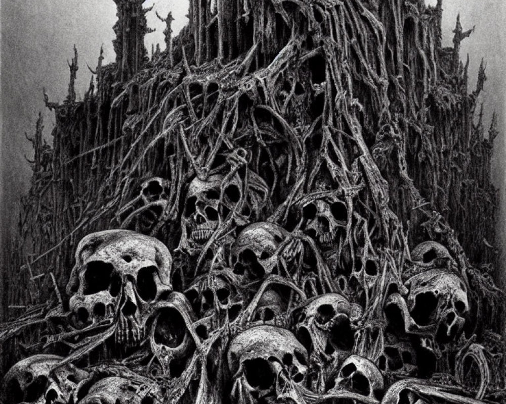 Macabre black and white illustration of skull mountain castle