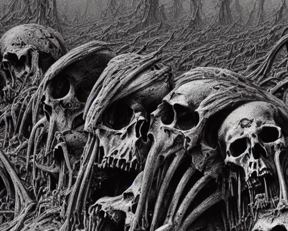 Monochrome artwork with human skulls and bones intertwined with trees in a desolate landscape